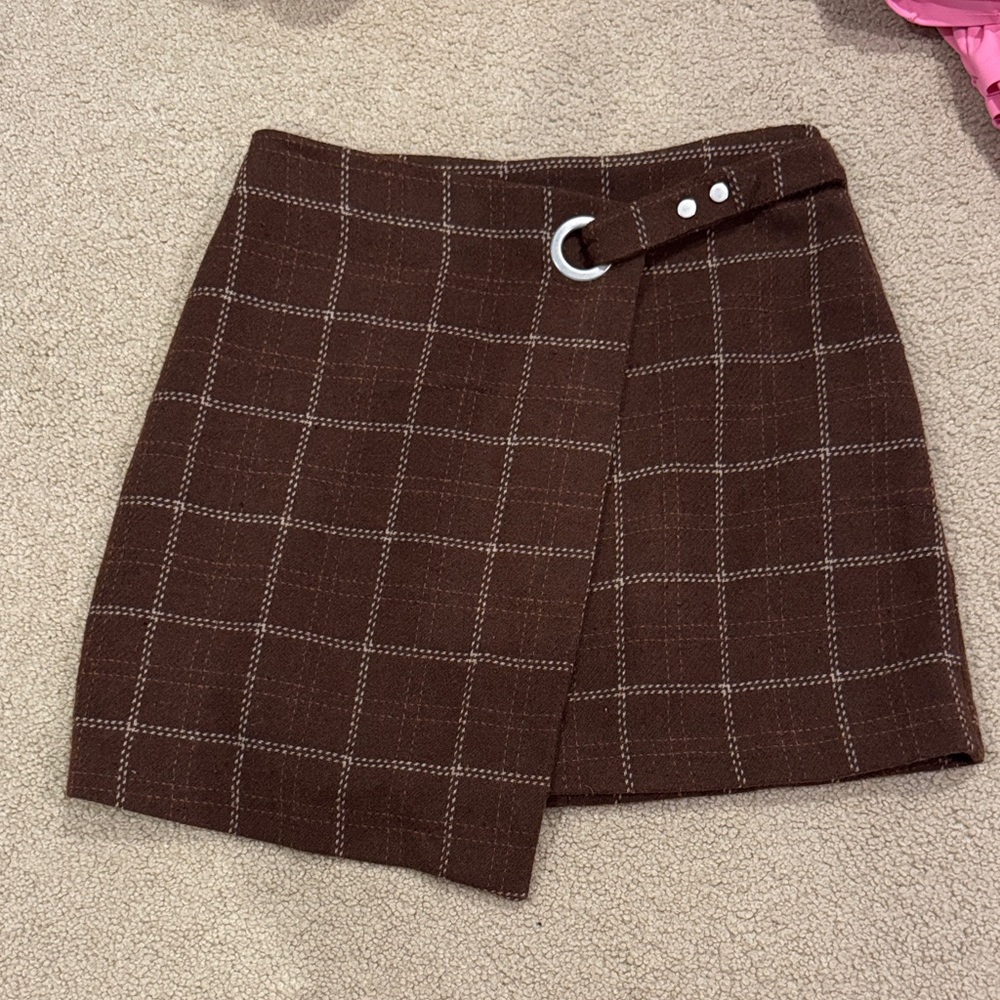 Papermoon Brown Plaid Wrap Mini Skirt with Silver Ring